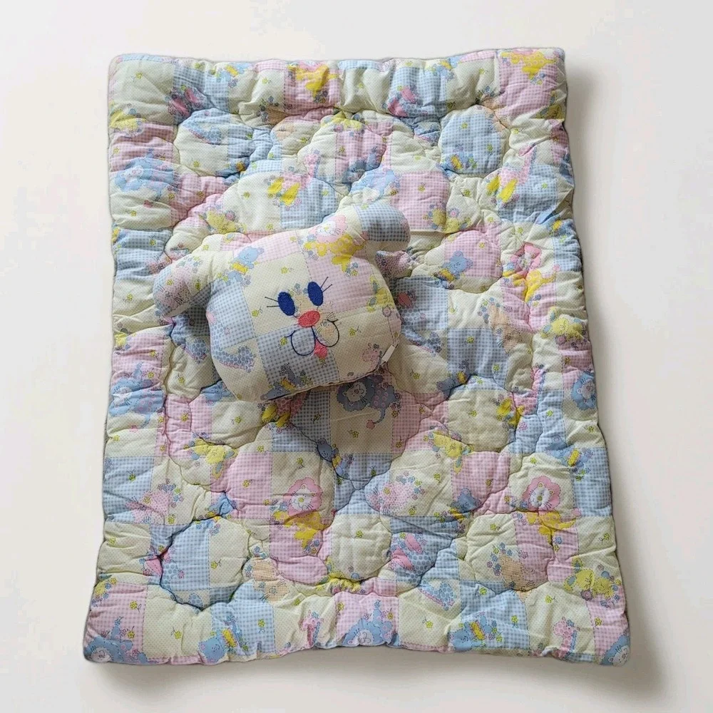 Vtg‎ 80s Quiltex Baby Quilt & Matching Animal Pillow Set - Pastel Patchwork EUC